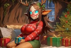 1girls ai_generated blue_eyes boggart breasts brown_hair brown_skin christmas christmas_outfit christmas_tree clothed clothing energy female glowing_eyes holidays large_breasts large_ears leaves_in_hair long_hair looking_at_viewer lorianne_(paigen) mask masked_female monster_girl original original_character paigen plump pointy_ears shortstack thick thick_thighs vines wide_hips wood wood_skin wooden_body