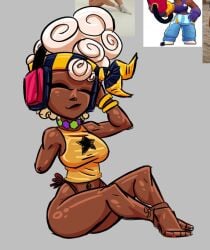 drawingsweirdo tagme maisie_(brawl_stars) brawl_stars white_hair short_hair headgear headband dark_skin dark-skinned_female eyes_closed headphones arm_up tank_top breasts tight_clothing sideboob barefoot bare_shoulders wide_hips thick_thighs ass voluptuous navel sitting fit fit_female cropped