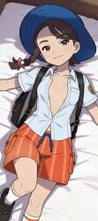1girls ai_generated braid brown_eyes brown_hair button_down_shirt cleavage female female_only hands_on_hips hat high_socks juliana_(pokemon) lying lying_on_back lying_on_bed plunging_neckline pokemon school_uniform shoes shorts small_breasts smile smug socks solo unbuttoned unbuttoned_shirt white_shirt