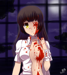 bandage blood blood_on_breasts blood_on_face breasts brown_hair butter-t censored cleavage convenient_censoring guro original scar smile stitches string wink yellow_eyes