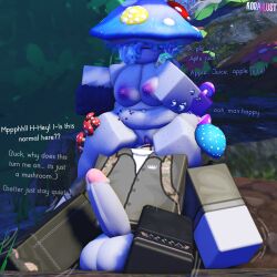 1boy 1girls 3d areolae backpack balls breasts chubby dialogue english_text facesitting kora_x koraxlust mushroom mushroom_girl nature nemi_the_mushroom_(kora_x) nipples original_character outside penis penis_out pussy roblox robloxian shortstack tagme text