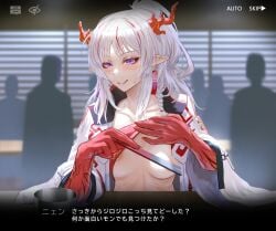 areolae arknights colored_extremities female gino horns japanese_text nian_(arknights) public_exposure small_breasts text