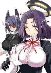 2girls admiral_(kantai_collection) aoi_manabu blush bow breast_grab breasts dress eye_patch gloves guided_breast_grab heart huge_breasts kantai_collection large_breasts male_hand mechanical_halo multiple_girls necktie personification purple_eyes purple_hair school_uniform short_hair smile surprised tatsuta_(kantai_collection) tenryuu_(kantai_collection) wink yellow_eyes