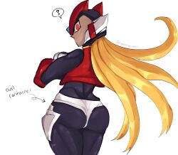 1boy ass ass_focus big_ass blonde_hair crossed_arms evil_container long_hair looking_at_viewer looking_back male male_only mega_man mega_man_zero omega_(mega_man)