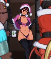 3girls afrobull bikini black_hair brown_skin christmas christmas_outfit dispatch_(game) gloves golem_(dispatch) invisigal malevola_gibb medium_breasts prism_(dispatch) septum_piercing short_hair tagme