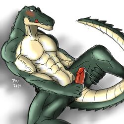 2014 abs anthro biceps blush claws crocodile cum erection fangs hentist humanoid_penis looking_at_viewer male male_only masturbation muscles nude pecs penis reptile scalie smile solo tongue vein