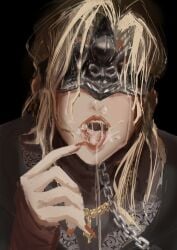 after_fellatio blonde_hair chain_leash chained covered_eyes cum_in_mouth cum_on_tongue cum_through_nose dark_souls dark_souls_3 dripping_cum eye_mask female fire_keeper fromsoftware lipstick looking_at_viewer mask nail_polish open_mouth ornate_clothing pointing_at_mouth submissive submissive_female