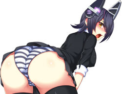 1girls ass bent_over blush breasts cameltoe dat_ass embarrassed erect_nipples female from_behind ginichi_(toot08) hair_over_one_eye headgear kantai_collection large_breasts nipples open_mouth panties pantyshot personification pokies purple_hair short_hair solo striped striped_panties tenryuu_(kantai_collection) thighhighs underwear yellow_eyes