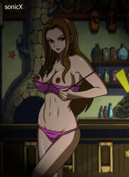 1girls big_breasts bra_down bra_pull breasts brown_hair dark_room dim_room evergreen_(fairy_tail) fairy_tail female female_only looking_at_viewer panties showing showing_breasts smirk smirking solo sonicx stripped striptease