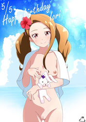 alternate_hairstyle breasts brown_hair cleft_of_venus edit fat_mons female flower frills hair_flower hair_ornament hibiscus idolmaster innie_pussy jabara_tornado looking_at_viewer minase_iori nipples nude nude_filter photoshop plump_vulva puffy_pussy red_eyes smile solo stuffed_animal stuffed_bunny stuffed_toy towel twintails