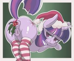 1girls anal anus ass ass_up bedroom_eyes bent_over buttplug christmas clitoris friendship_is_magic genitals gradient_background hasbro hat horn legwear looking_at_viewer looking_back looking_back_at_viewer mare mistletoe my_little_pony penetration pony presenting presenting_pussy purigon_z purple_body pussy raised_tail santa_hat sex sex_toy short_hair smile socks solo solo_female striped_legwear striped_socks tail thighs twilight_sparkle_(mlp) unicorn