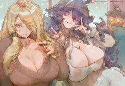 2girls absurd_res ahoge alternate_breast_size_(larger) artist_name between_breasts big_breasts blonde-haired_female blonde_female blonde_hair breasts breasts_bigger_than_head brown_sweater choker cleavage clothed clothing clothing_swap collarbone covered_nipples cutesexyrobutts cynthia_(pokemon) dress duplicate female game_freak glowing glowing_eyes grey_eyes grin hair_over_one_eye hairband hex_maniac hex_maniac_(pokemon) hex_maniac_(pokemon_xy) hi_res horny huge_breasts jewelry large_breasts light-skinned_female light_skin long_hair long_sleeves looking_at_viewer massive_breasts multiple_females multiple_girls nail_polish necklace nintendo nipples_visible_through_clothing no_bra overflowing_breasts pale-skinned_female pale_skin patreon_username pixel-perfect_duplicate playing_with_own_hair plump png pokemon pokemon_(creature) pokemon_champion pokemon_dppt pokemon_xy pumpkaboo purple_eyes purple_hair seductive_smile sidelocks smile sweater thick_thighs thighs tight_clothing upper_body very_long_hair voluptuous voluptuous_female watermark white_dress yellow_eyes