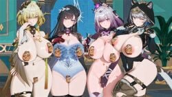 leona_skyrim 4girls light_skin light-skinned_female srar_rail_special_pass 3d looking_at_viewer smile multiple_girls blonde_hair green_eyes jewelry pasties breasts big_breasts large_breasts covered_nipples covered_erect_nipples huge_breasts nipple_bulge covered_pussy navel thick_thighs black_hair long_hair white_hair gradient_hair pointy_ears earrings wink blue_eyes purple_eyes bright_pupils gloves honkai:_star_rail honkai_(series) aglaea_(honkai:_star_rail) hysilens_(honkai:_star_rail) castorice_(honkai:_star_rail) cipher_(honkai:_star_rail)
