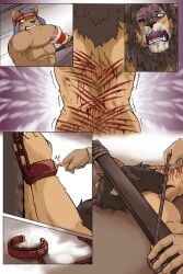 anthro baroque_(artist) bound chains cuff_(restraint) execution felid gore handcuffs hi_res imminent_death lion male male_ryona mammal metal_cuffs pain pantherine restraints rope snuff torture whip whip_mark wounded