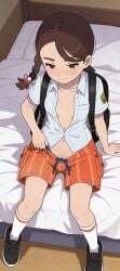 1girls ai_generated blush blushing braid brown_eyes brown_hair button_down_shirt cleavage female female_only hands_on_hips high_socks juliana_(pokemon) looking_down lying plunging_neckline pokemon pulling_down_shorts school_uniform shoes shorts sitting sitting_on_bed small_breasts smile socks solo unbuttoned unbuttoned_shirt undressing white_shirt