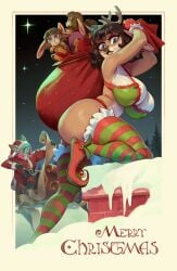 anthro biped blue_eyes bonifasko breasts brown_body cleavage clothed clothing deer detailed_background eyelashes female fingers green_body group hi_res mammal multicolored_body plant side_view text tree white_body