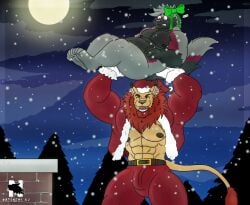 anthro bulge canid canine canis chimney christmas felid furry_as_present green_ribbon holidays lion male muscular muscular_anthro muscular_male ribbon ribbon_in_hair rooftop santa_claus_(cosplay) santa_costume slightly_chubby_anthro slightly_chubby_male snow tagme trees wolf zangokunatenshi