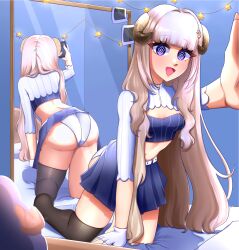 1girls 2d ass ass_focus aurora_atria back_view black_thighhighs blue_hair blush breasts confused curvy curvy_body curvy_female curvy_figure female front_view grey_hair horns latam_virtual_youtuber lefolk light-skinned_female light_skin long_hair mirror mirror_reflection petite phone purple_eyes selfie slim_female small_breasts thighs two-tone_hair virtual_youtuber vtuber vtuberfanart white_panties young younger_female