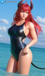 ai_generated demon_girl horns pink_eyes red_hair sinia swimwear water