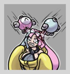 2boys blood blue_hair bolt_(hardware) border brain brain_fuck breasts clenched_teeth crying crying_with_eyes_open cum cum_in_brain cum_inside dying exposed_brain female gen_1_pokemon grey_shirt guro gurochanop highres imminent_death iono_(pokemon) jacket large_breasts magnemite multiple_boys nintendo nut_(hardware) pink_eyes pink_hair pokemon pokemon_sv ryona sharp_teeth shirt skull_fucking snuff tears teeth white_border wide-eyed yellow_jacket