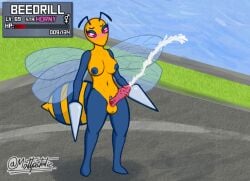 antennae_(anatomy) anthro arthropod balls beedrill beedrill’s_string_shot bodily_fluids breasts cum cumshot ejaculation futanari gameplay_mechanics generation_1_pokemon genital_fluids genitals gui gynomorph insect_wings intersex matt_patetic nintendo penis pokemon pokemon_(species) solo spiked_penis spikes spikes_(anatomy) standing stinger text wings yellow_body