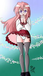 female glasses human lucky_star miyuki_takara panties pink_hair purple_eyes schoolgirl skirt_lift the_dark_mangaka thighhighs white_panties