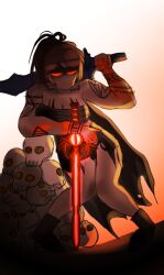 1girls 2d boots bra breasts cape cleavage cloth_bra facility_breach fanart female female_only legs loincloth long_hair medium_breasts medium_thighs roblox roblox_game robloxian rule_63 scp-076-2 scp_foundation shinyspark0 skulls solo_female tattoos tired tired_eyes