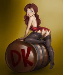 1girls ass barrel bent_over breasts brown_hair colored dick_sucking_lips donkey_kong_(arcade) donkey_kong_(series) dress earrings eyelashes eyeliner eyeshadow female garter_belt garter_straps leggings legoman lips lipstick long_hair looking_back makeup mario_(series) nintendo no_panties open_mouth pauline purple_eyes pussy solo stockings thighhighs voluptuous