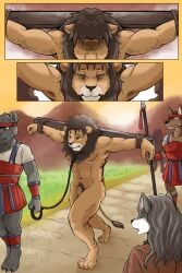anthro baroque_(artist) bound crucifixion execution felid gore hi_res imminent_death lion male male_ryona mammal nude pantherine snuff torture wounded