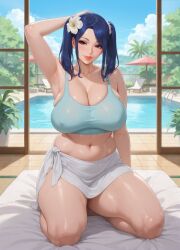 ai_generated armpits bedding blue_hair cleavage crop_top double_ponytail flower_in_hair large_breasts mattress mattress_on_floor middrif milf nipple_bulge on_knees one_arm_behind_head one_hand_behind_head poolside rgomez007 sarong sports_bra stable_diffusion swimming_pool thick_thighs twintails