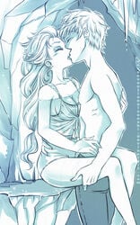 1boy 1boy1girl 1girls crossover disney disney_princess dreamworks elsa_(frozen) fanon_couple female frozen_(film) human jack_frost jack_frost_(rise_of_the_guardians) jelsa kiss kissing light-skinned_female light-skinned_male lingerie long_hair male male/female monochrome passionate rise_of_the_guardians shirtless straight unconventionalsenshi