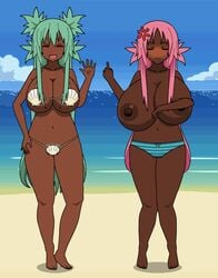 2girls animated artist_request beach bikini breast_expansion character_request copyright_request dark_skin female green_hair kisekae pink_hair swimsuit topless transformation witch