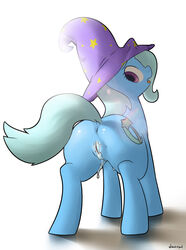 2014 anus ass blue_eyes cutie_mark derpah equine female feral friendship_is_magic hair hat hi_res horse mammal my_little_pony plain_background pony purple_eyes pussy pussy_juice solo standing trixie_(mlp) white_background wizard_hat