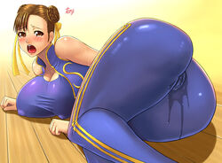 anus areola ass blush breasts capcom chun-li dat_ass erect_nipples female female_only human nipples open_mouth pussy skin_tight solo street_fighter tears tenji wet_pussy