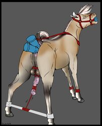 2014 anal anal_sex anus backlash91 bound brown_fur closed_eyes dildo equine feral fur hair hooves horse male male_only mammal penetration penis sex_toy solo spreader_bar white_hair
