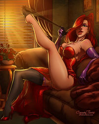 1girls artofcarmen bare_shoulders breasts busty cleavage couch disney dress earrings elbow_gloves eyeshadow female female_only gloves green_eyes hair_over_one_eye high_heels human jessica_rabbit large_breasts leg_up lipstick long_hair looking_at_viewer makeup masturbation orange_hair parted_lips purple_gloves pussy pussy_juice pussy_juice_puddle sequin_dress sitting solo stockings sunset thighhighs uncensored undressing vibrator vibrator_in_thighhighs voluptuous who_framed_roger_rabbit