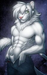 2014 abs anthro clothing facial_piercing feline green_eyes lion male male_only mammal muscles pants pecs sheath smile solo strype topless white_lion