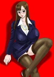 black_legwear breasts brown_eyes brown_hair glasses hairclip huge_breasts lipstick makita_aoi mature office_lady pantyshot pantyshot_(sitting) sensei sitting suit teacher thighhighs white_collar