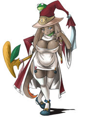 bittenhard blue_eyes blush_stickers breasts cleavage covered_nipples dark-skinned_female dark_skin earrings female final_fantasy final_fantasy_tactics frog furry hat holding jewelry jpeg_artifacts looking_at_viewer nose nu_mou ring shadow shoes simple_background smile solo square_enix staff standing tail thighhighs white_background witch_hat