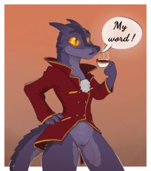 beverage bottomless clothed clothing cup draekos female kobold nil partially_clothed purple_scales pussy red_coat scales scalie solo tea text