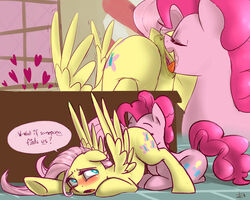 2014 anus ass blush closed_eyes cradeelcin cunnilingus cutie_mark dialog duo english_text equine female feral fluttershy_(mlp) friendship_is_magic fur hair horse inside long_hair mammal my_little_pony open_mouth oral oral_sex pegasus pink_fur pink_hair pinkie_pie_(mlp) pony pussy pussy_juice sex text tongue vaginal_penetration window wings yellow_fur yuri