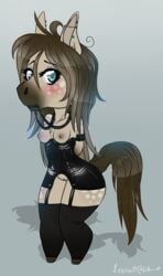 2014 anthro blue_eyes blush breasts brown_hair chibi ear_piercing equine eris_(marefurryfan) eyebrows eyelashes female hair horse lexibutt long_hair looking_at_viewer mammal marefurryfan nipples piercing plain_background pony rubber shadow solo standing stockings