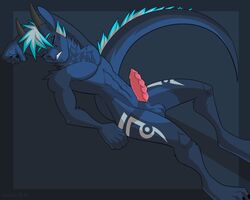 1boy 2018 5_fingers abs anthro athletic balls barefoot biped black_claws black_horn blue_balls blue_fur blue_hair blue_tail casparr claws closed_eyes cool_colors digital_media_(artwork) dragon erection eyebrows fur furred_dragon grey_hair hair hand_behind_head horn long_tail lying male male_only multicolored_hair nude on_back pecs penis pink_penis ridged_penis simple_background sleeping solo teeth toe_claws toes two_tone_hair