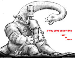 ambiguous_gender chair_position dinosaur duo english_text interspecies machine mechanical monochrome open_mouth plain_background quote robot scalie sex simon_wilches_castro size_difference text white_background