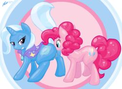 2014 anal blue_eyes blue_fur cutie_mark duo equine female feral friendship_is_magic fur hair half-closed_eyes horn horse mammal my_little_pony oral oral_sex pink_fur pink_hair pinkie_pie_(mlp) pony purple_eyes pussy pussy_juice raised_tail rimming sex shinekolt smile standing trixie_(mlp) two_tone_hair unicorn yuri