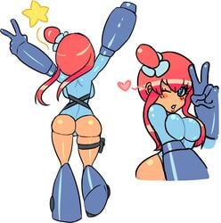 1girls arm_cannon ass back blue_eyes blush_stickers boots breasts capcom cosplay female female_only fusion hair_bun hair_flower hair_ornament heart hips huge_breasts human hypothetical_fusion kneepits legs leotard long_hair mega_man mega_man(classic) mega_man_(character) nintendo pokemon red_hair scas shiny shiny_skin sideboob skyla_(pokemon) solo star thong thong_leotard v weapon wide_hips wink