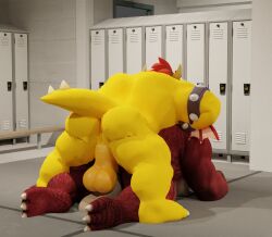 2021 2boys 3d_(artwork) albalbalb anal anal_sex anthro anus ass balls bowser crouching digital_media_(artwork) dragon duo feet gay gay_sex genitals giana_sisters gurglewocky_(giana_sisters) horn koopa locker locker_bench locker_room male male/male mario_(series) musclegut muscular muscular_anthro muscular_male nintendo nipples pecs penetration penis scalie video_games wings