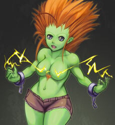 1girls big_hair blanka blue_eyes breasts capcom chains chest_hair clothes color convenient_censoring electricity female female_chest_hair female_only fingernails front_view green_skin grey_eyes hair highres human hybridmink latina long_fingernails looking_at_viewer muscle mutant open_eyes open_mouth orange_hair rule_63 short_shorts shorts solo street_fighter topless