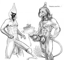 2009 2boys avian bird birthday birthday_cake cake cardinal_(bird) cum english_text falcon_mccooper_(character) food gift gryphon hair hay huge_cock hyper hyper_penis male male_only masturbation monochrome multiple_boys open_mouth party_hat penis pulsar pulsar_(character) testicles text veins veiny_penis