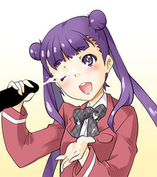 blush censored clothing cum cum_on_clothes double_bun facial female grey_eyes handjob komadori_renge long_hair long_sleeves open_mouth penis purple_hair school_uniform sekai_seifuku:_bouryaku_no_zvezda smile solo_focus straight ta_ki teeth tied_hair twintails wink